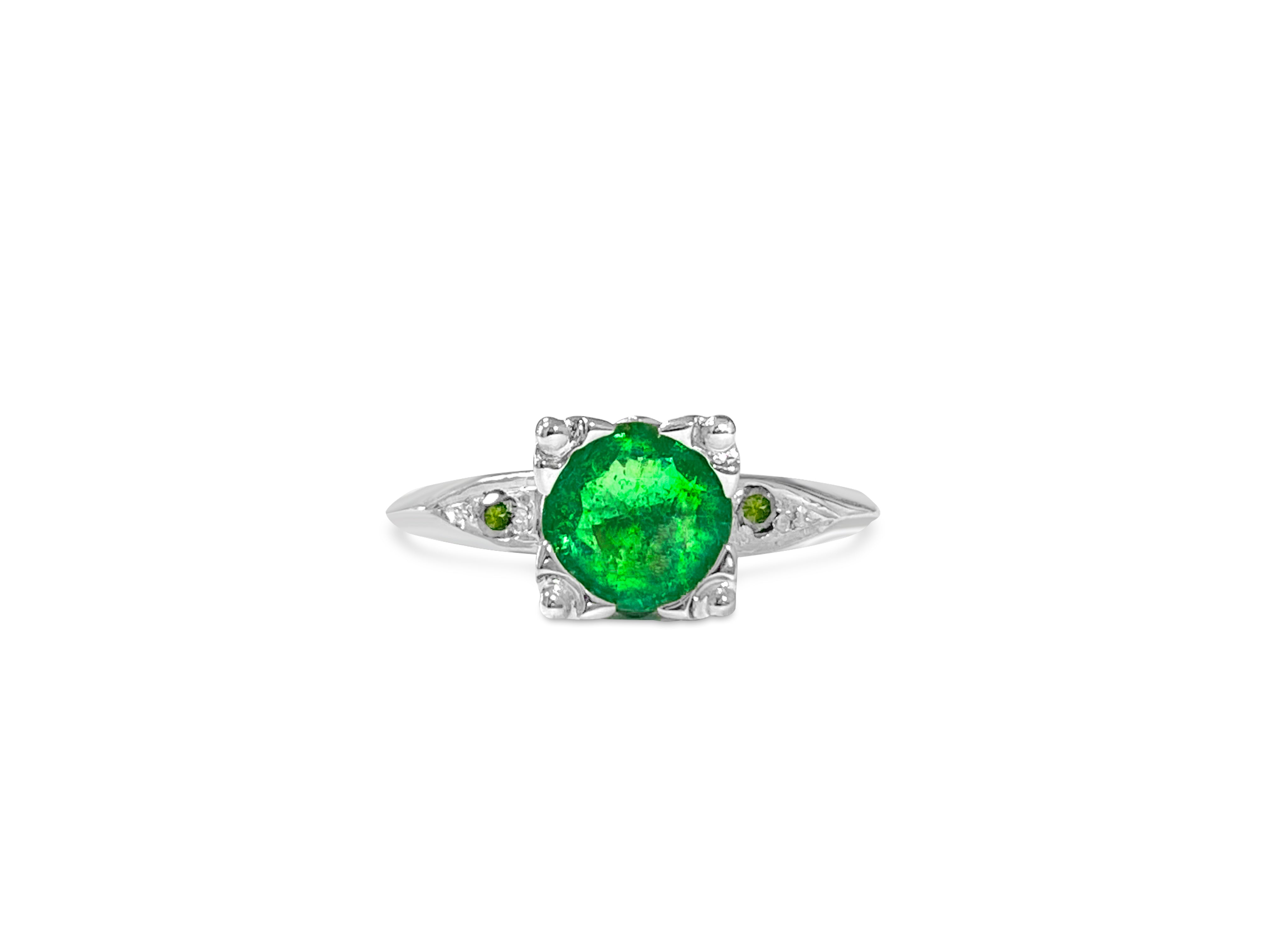 Vintage Platinum, 1.76 Carat Diamond & Emerald Ring.